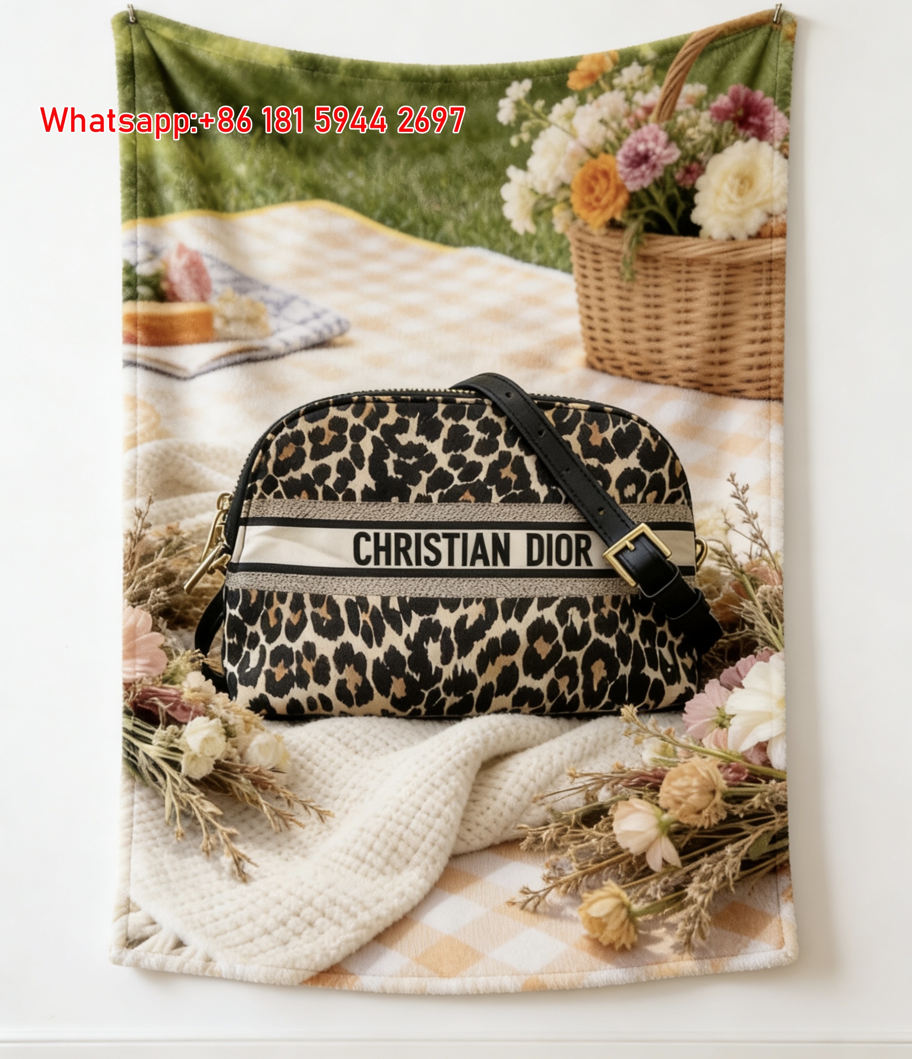 Christian Dior Leopard Print Bag Picnic Flannel Sofa Throw Blanket D260